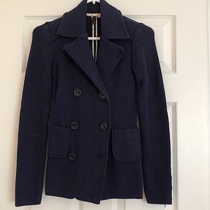 💙 H&M Y2K Vintage Navy Blue Stretch Sweater Pea Coat Button Up Jacket